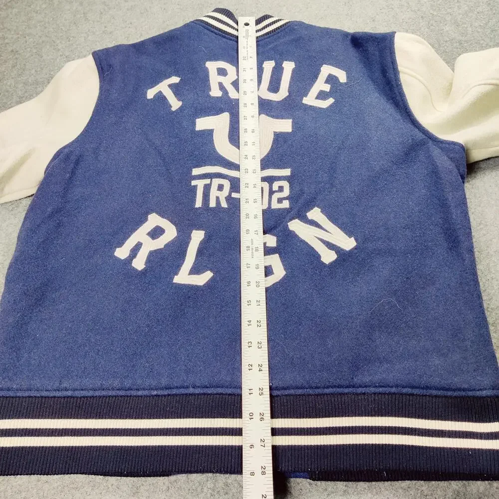 True Religion Jacket Mens XL Blue Cream Varsity Letterman Wool Blend Snap Front
